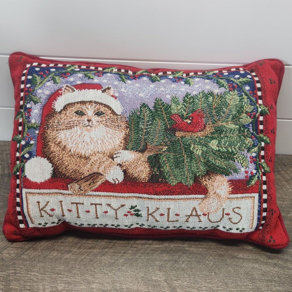 Kitty Klaus Tapestry Christmas Throw Pillow Cat & Cardinal 13" x 18" *Read*